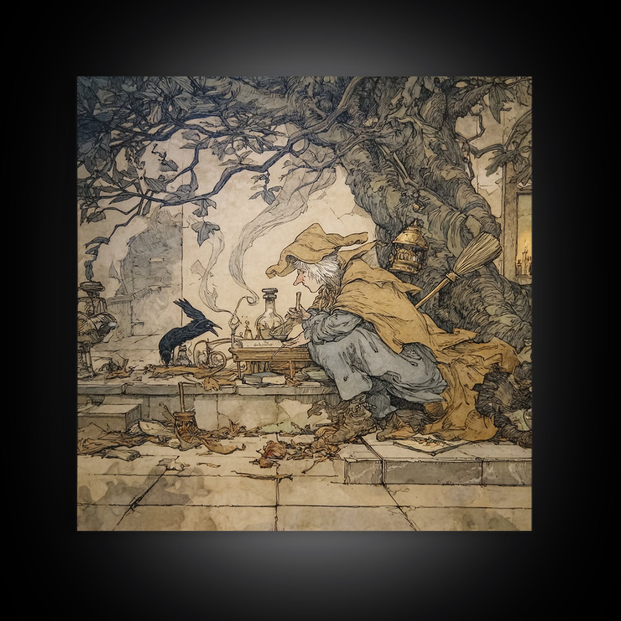 The Witch'S Cat Cafe, Gothic Storybook Art, Square Wall Art, Dark Halloween Decor, Canvas Print, Halloween Wall Art