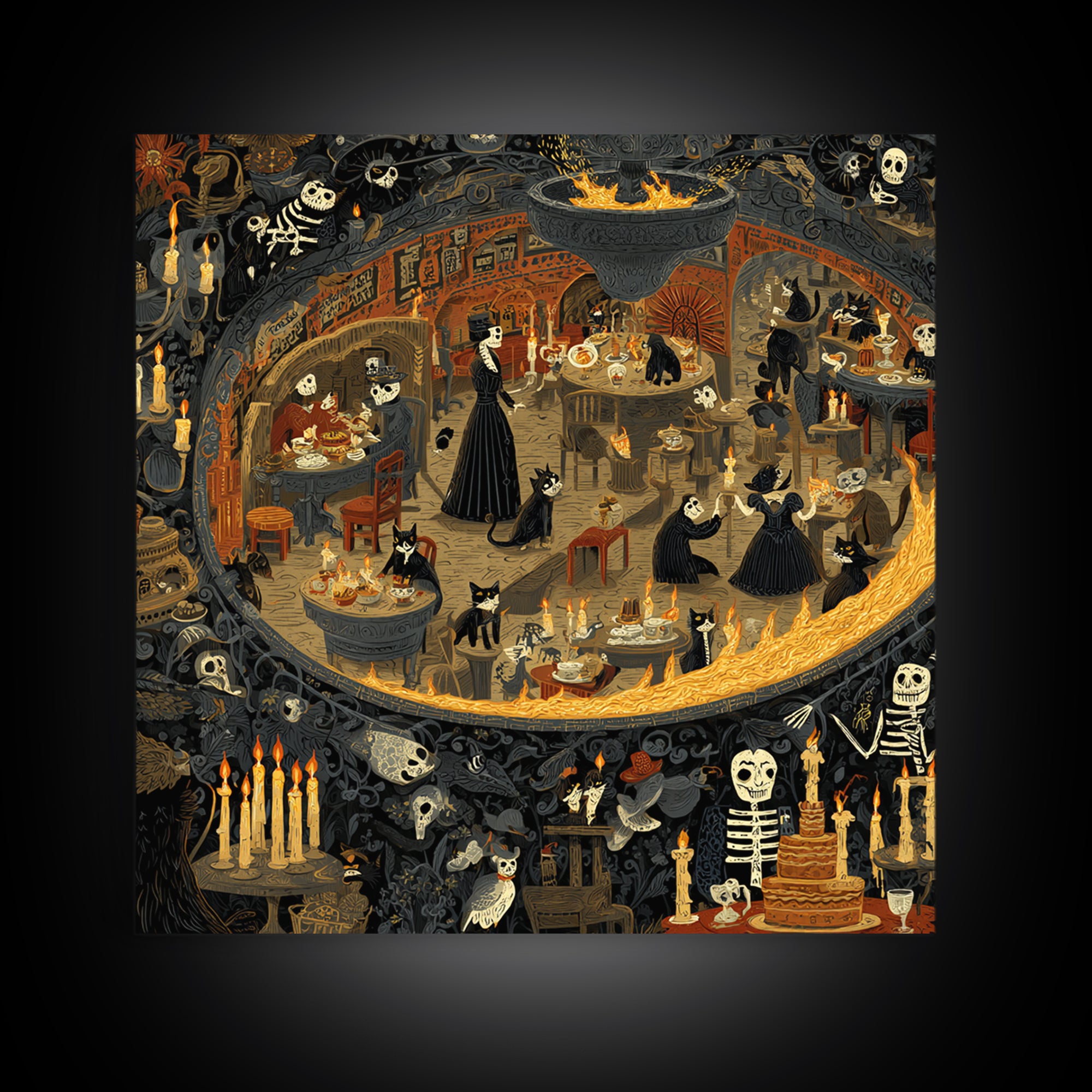 The Witch'S Cat Cafe, Macabre Folk Print Art, Square Wall Art, Macabre Wall Art, Framed Canvas Print, Halloween Wall Art