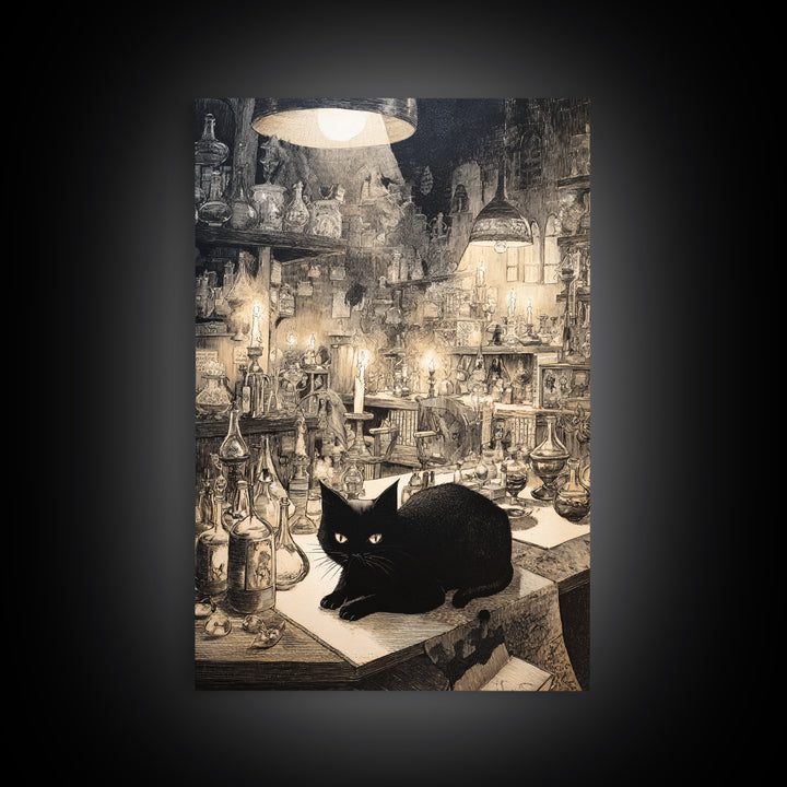 The Witch'S Cat Cafe, Victorian Macabre Art, Vertical Wall Art, Macabre Wall Art, Framed Canvas Print, Halloween Wall Art