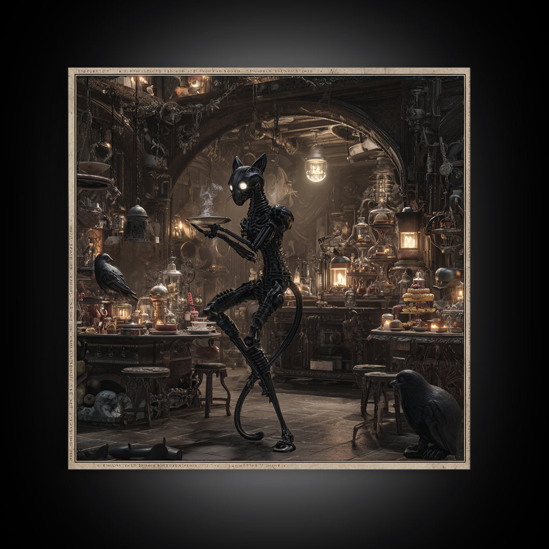 The Witch'S Cat Cafe, Biomechanical Horror Art, Square Wall Art, Dark Halloween Decor, Framed Canvas Print, Halloween Wall Art