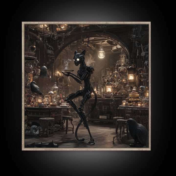 The Witch'S Cat Cafe, Biomechanical Horror Art, Square Wall Art, Dark Halloween Decor, Framed Canvas Print, Halloween Wall Art