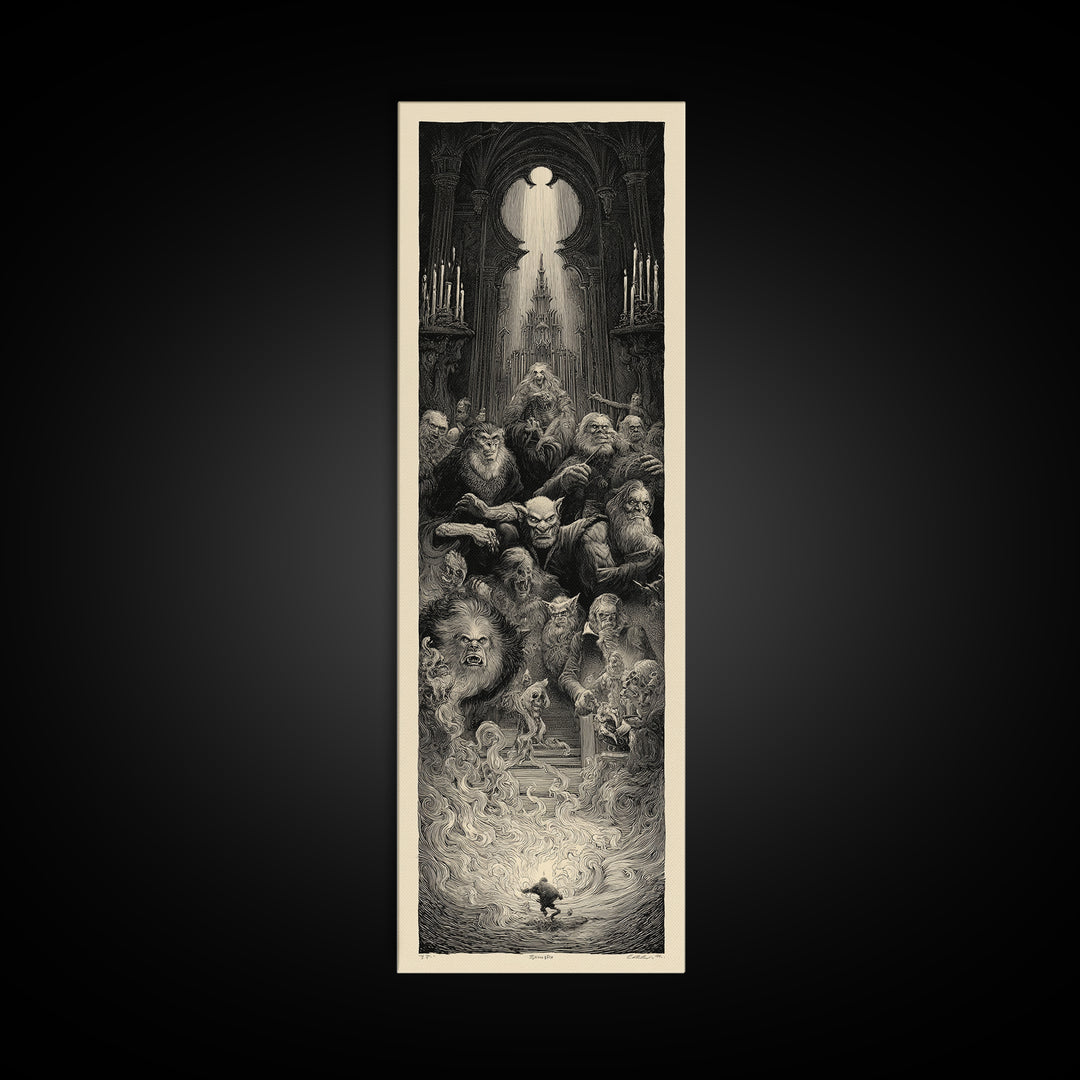 The Monster Family Portrait, Gothic Engraving Art, Tall Narrow Wall Art, Dark Halloween Decor, Canvas Print, Halloween Wall Art