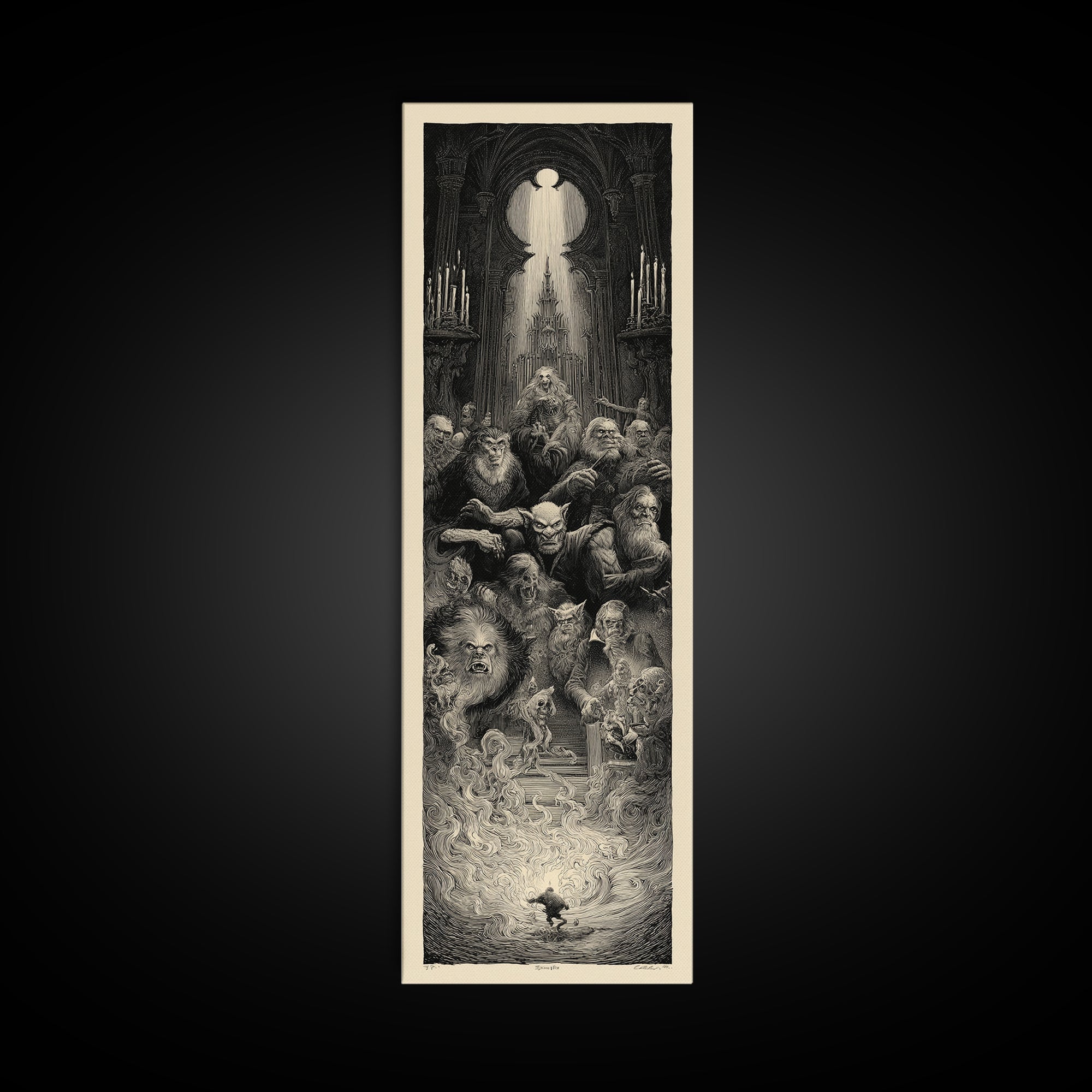 The Monster Family Portrait, Gothic Engraving Art, Tall Narrow Wall Art, Dark Halloween Decor, Canvas Print, Halloween Wall Art