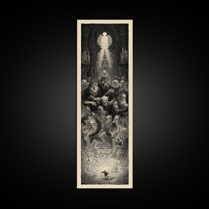 The Monster Family Portrait, Gothic Engraving Art, Tall Narrow Wall Art, Dark Halloween Decor, Canvas Print, Halloween Wall Art