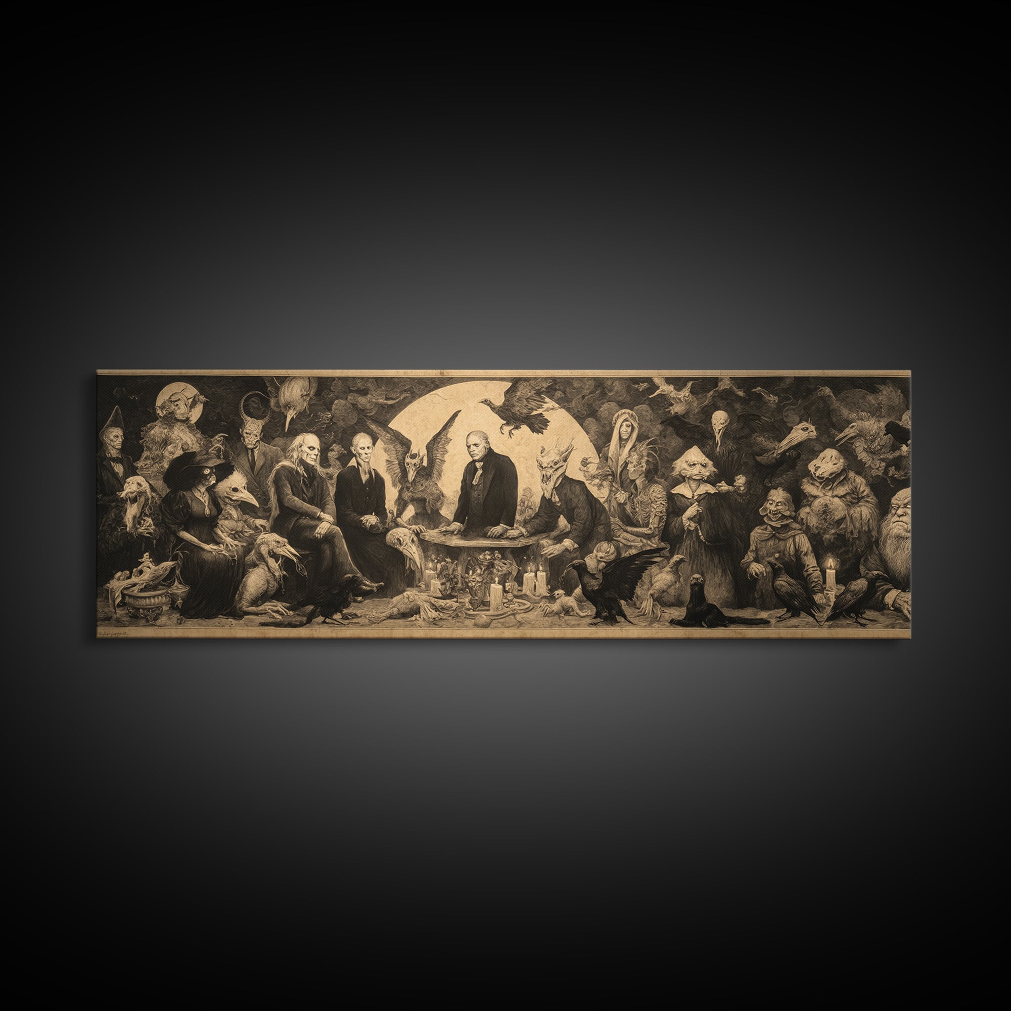 The Monster Family Portrait, Dark Romantic Horror Art, Extra Wide Wall Art, Dark Halloween Decor, Canvas Print, Halloween Wall Art
