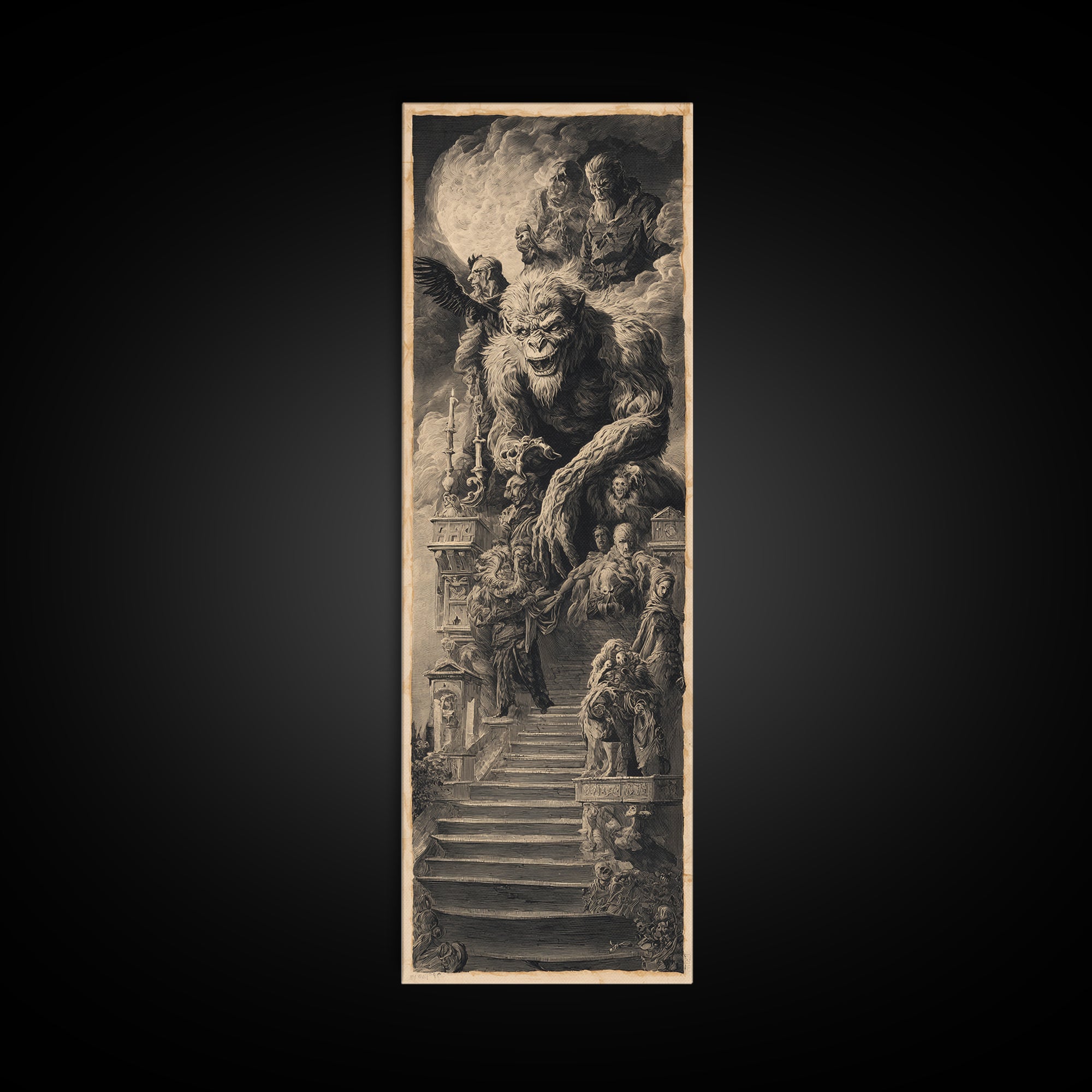 The Monster Family Portrait, Architectural Etching Art, Tall Narrow Wall Art, Dark Halloween Decor, Framed Canvas Print