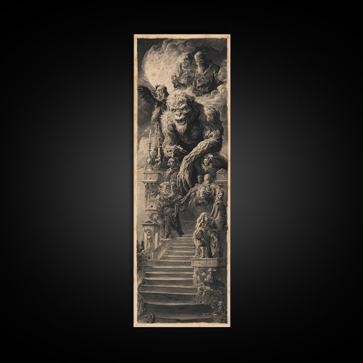 The Monster Family Portrait, Architectural Etching Art, Tall Narrow Wall Art, Dark Halloween Decor, Framed Canvas Print