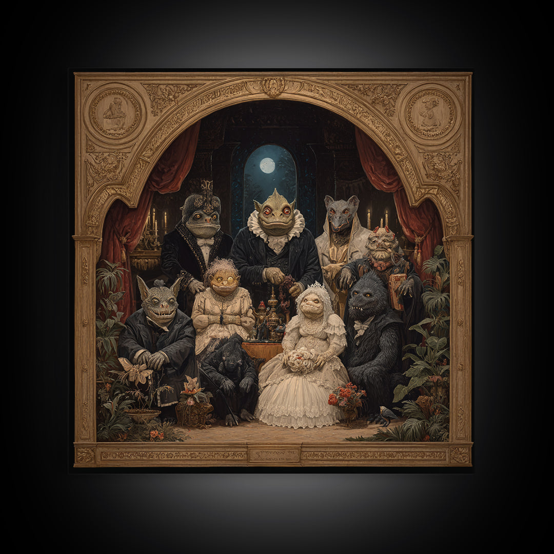 The Monster Family Portrait, Ornate Symbolist Art, Square Wall Art, Macabre Wall Art, Framed Canvas Print, Halloween Wall Art