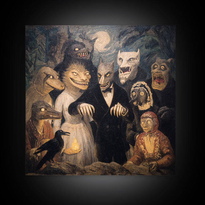 The Monster Family Portrait, Expressionist Gothic Art, Square Wall Art, Dark Halloween Decor, Framed Canvas Print, Halloween Wall Art