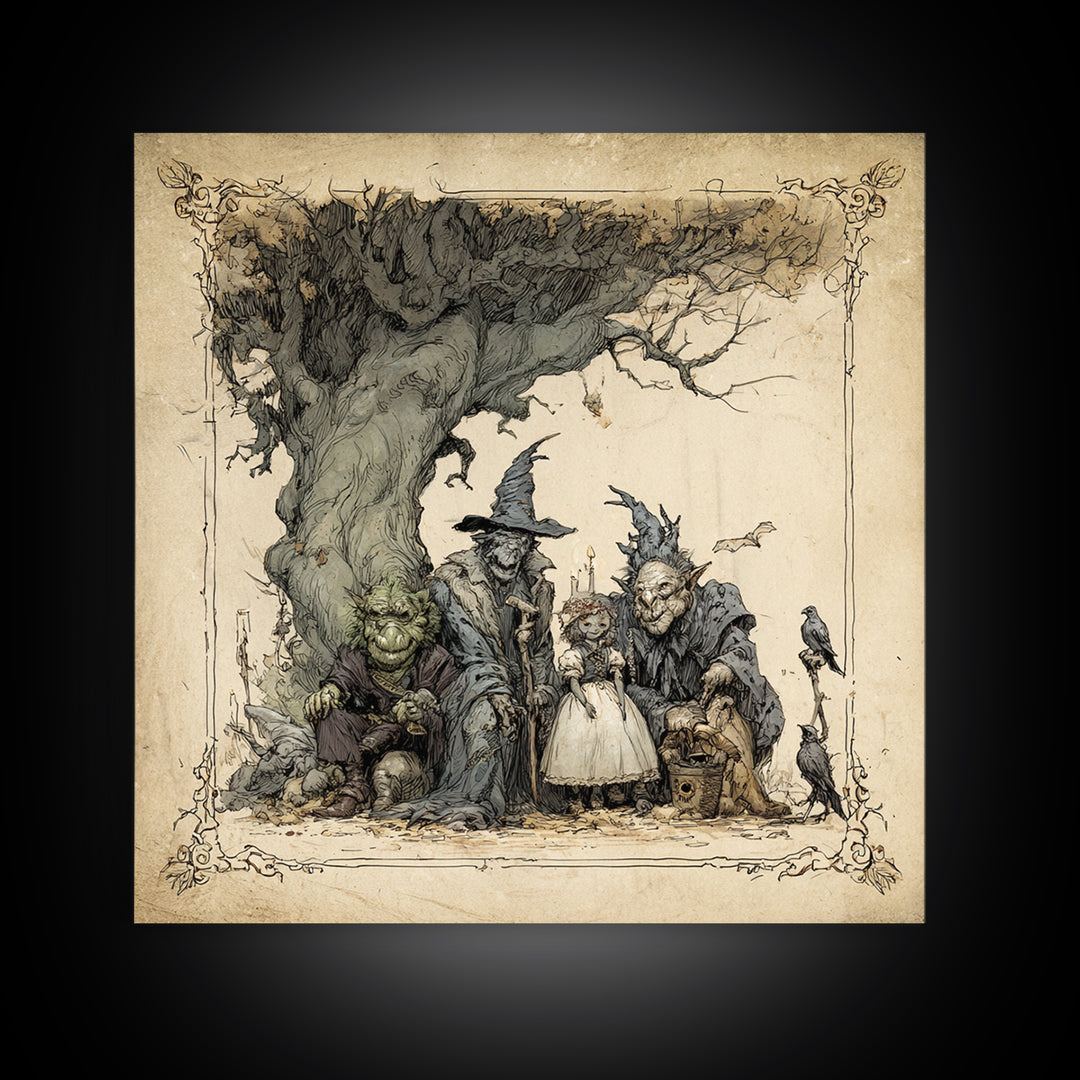 The Monster Family Portrait, Gothic Storybook Art, Square Wall Art, Dark Fantasy Wall Art, Canvas Print, Halloween Wall Art