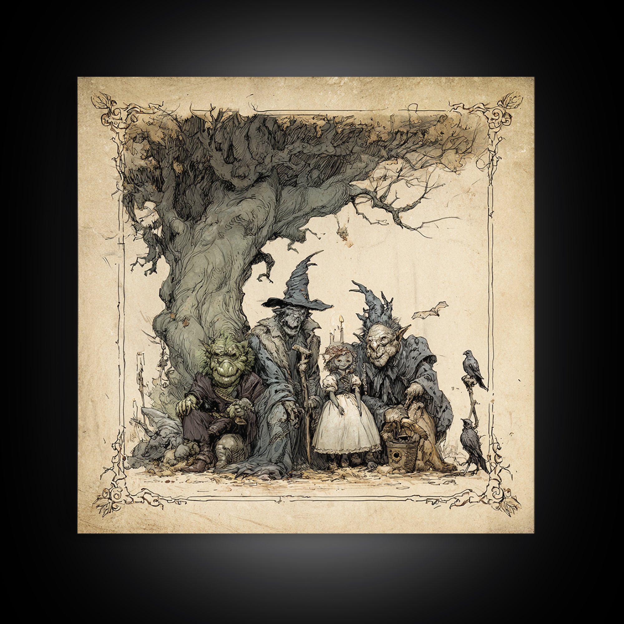 The Monster Family Portrait, Gothic Storybook Art, Square Wall Art, Dark Fantasy Wall Art, Canvas Print, Halloween Wall Art