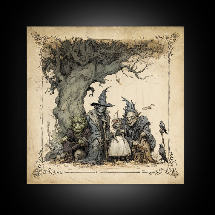 The Monster Family Portrait, Gothic Storybook Art, Square Wall Art, Dark Fantasy Wall Art, Canvas Print, Halloween Wall Art
