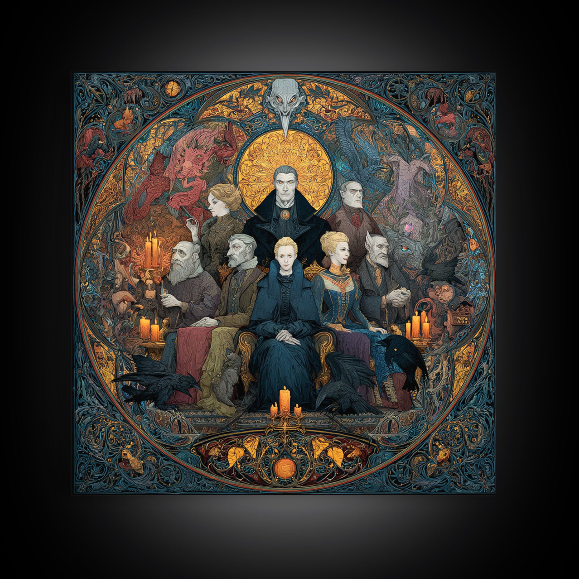 The Monster Family Portrait, Stained Glass Gothic Art, Square Wall Art, Gothic Horror Wall Art, Framed Canvas Print, Halloween Wall Art