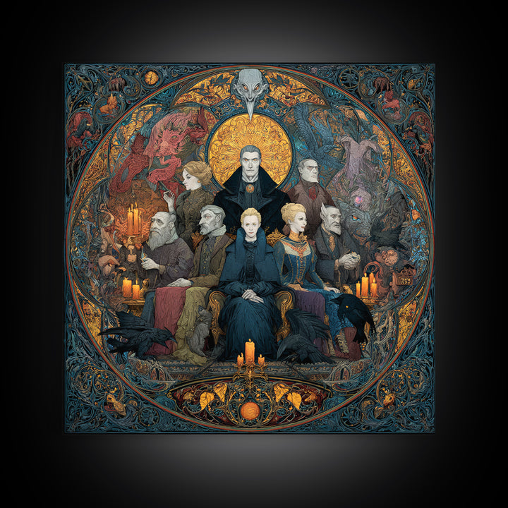 The Monster Family Portrait, Stained Glass Gothic Art, Square Wall Art, Gothic Horror Wall Art, Framed Canvas Print, Halloween Wall Art