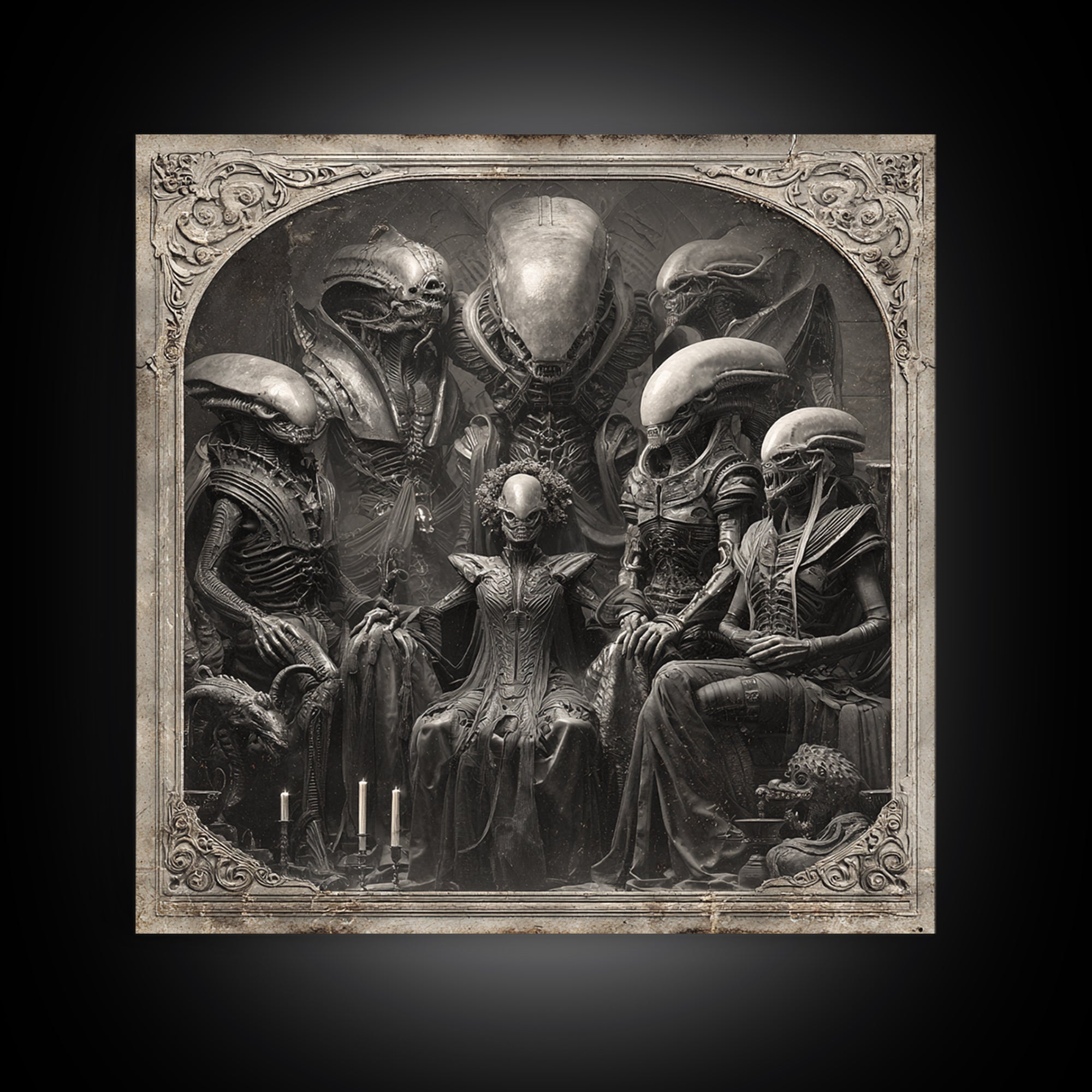 The Monster Family Portrait, Biomechanical Horror Art, Square Wall Art, Macabre Wall Art, Framed Canvas Print, Halloween Wall Art
