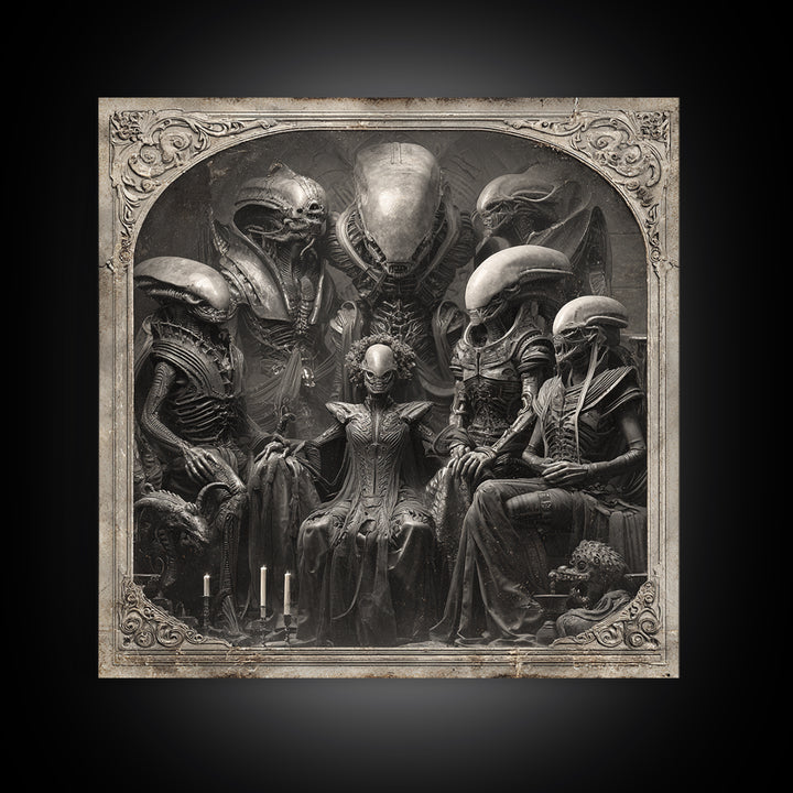 The Monster Family Portrait, Biomechanical Horror Art, Square Wall Art, Macabre Wall Art, Framed Canvas Print, Halloween Wall Art