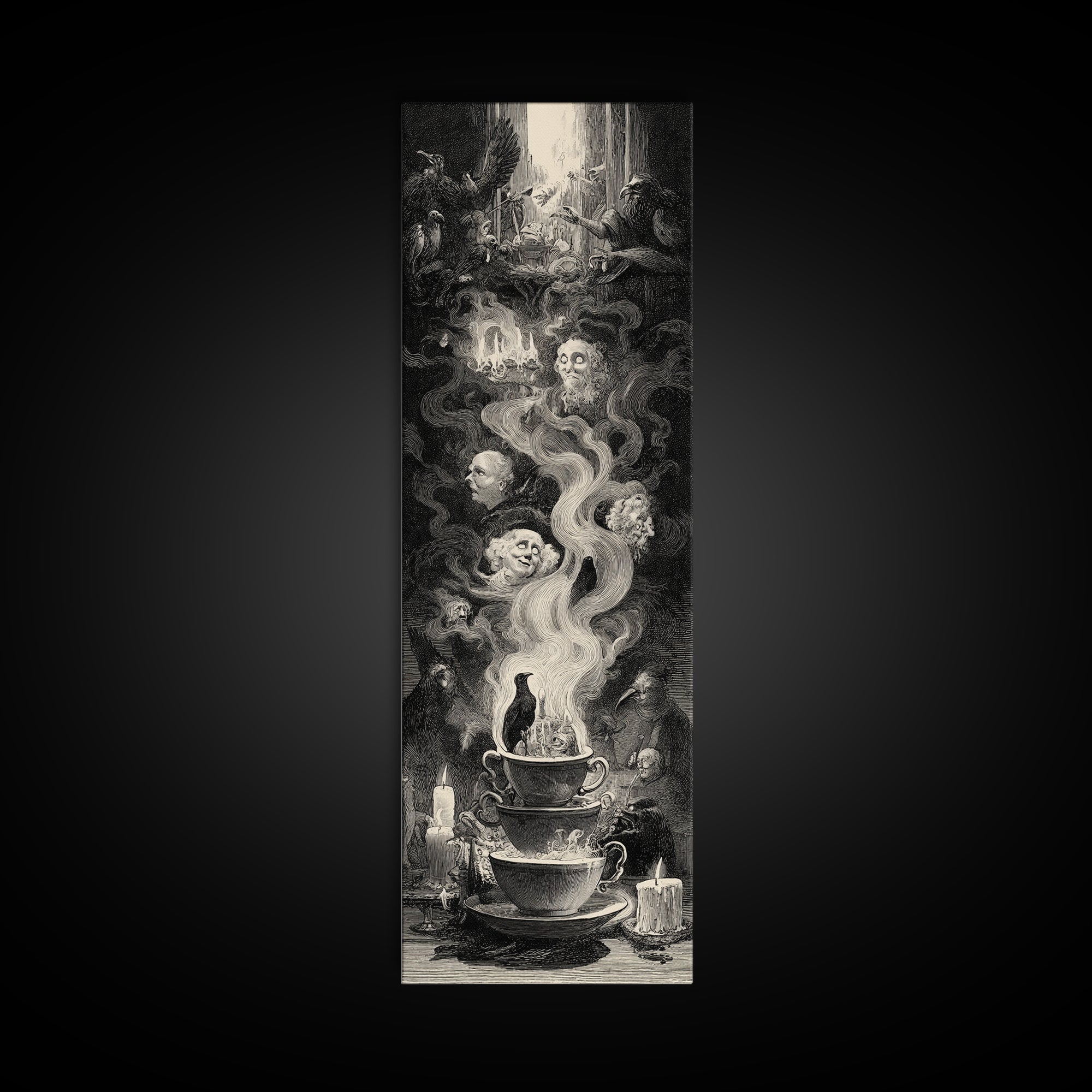Tiny Ghosts In Teacups, Gothic Engraving Art, Tall Narrow Wall Art, Dark Fantasy Wall Art, Framed Canvas Print, Halloween Wall Art