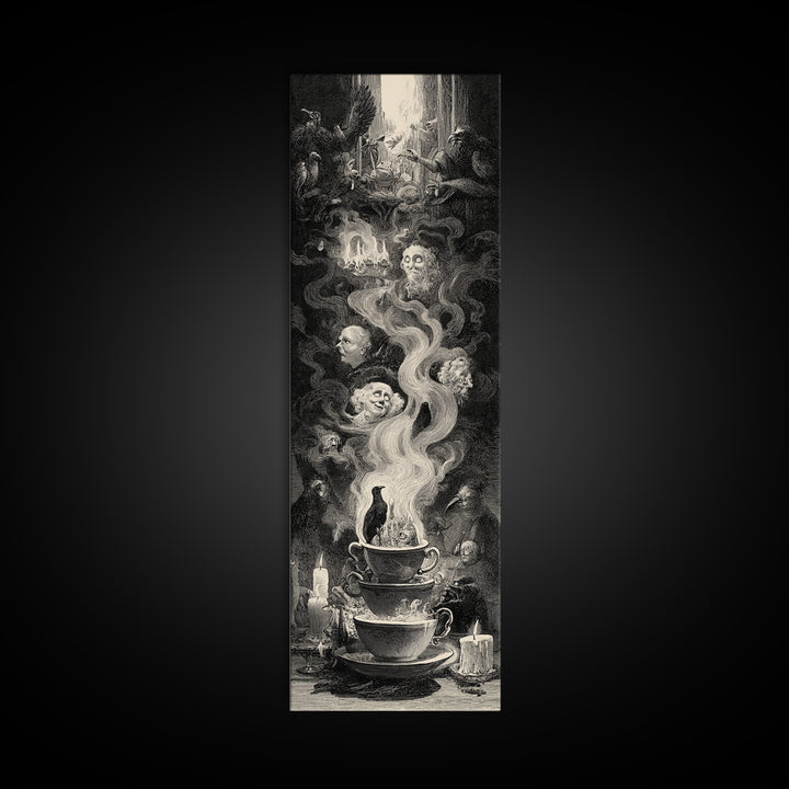 Tiny Ghosts In Teacups, Gothic Engraving Art, Tall Narrow Wall Art, Dark Fantasy Wall Art, Framed Canvas Print, Halloween Wall Art