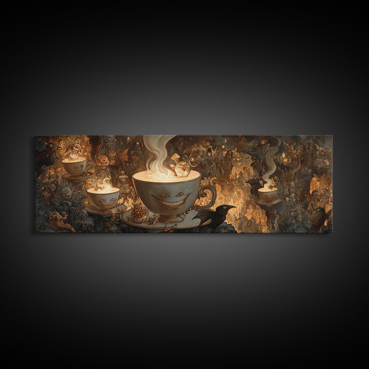 Tiny Ghosts In Teacups, Medieval Grotesque Art, Extra Wide Wall Art, Dark Halloween Decor, Framed Canvas Print, Halloween Wall Art