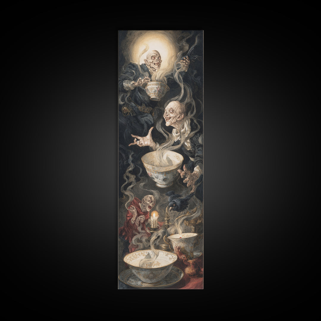 Tiny Ghosts In Teacups, Dark Renaissance Art, Tall Narrow Wall Art, Dark Halloween Decor, Framed Canvas Print, Halloween Wall Art