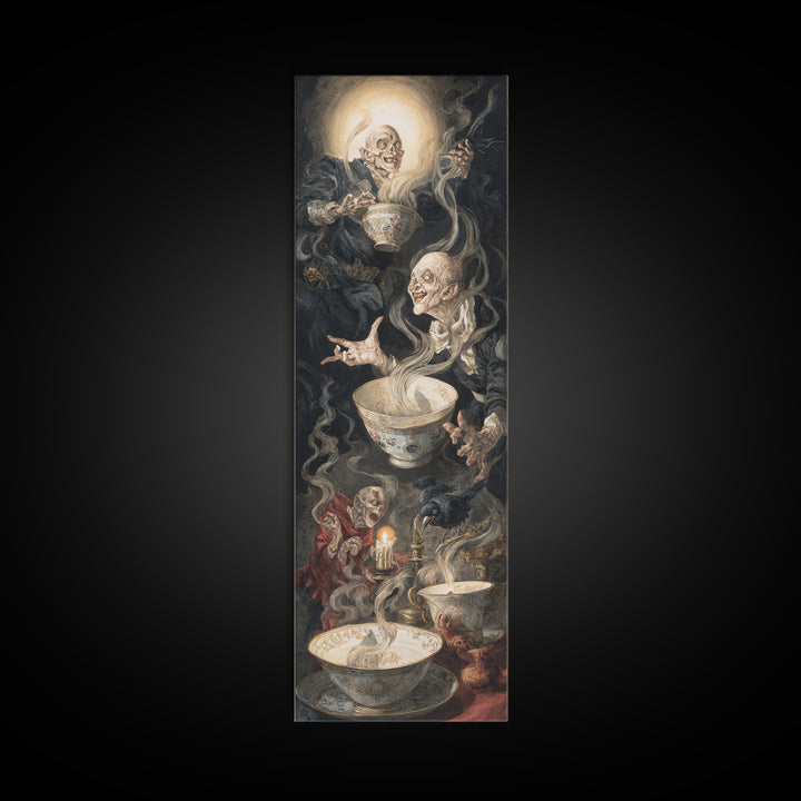 Tiny Ghosts In Teacups, Dark Renaissance Art, Tall Narrow Wall Art, Dark Halloween Decor, Framed Canvas Print, Halloween Wall Art