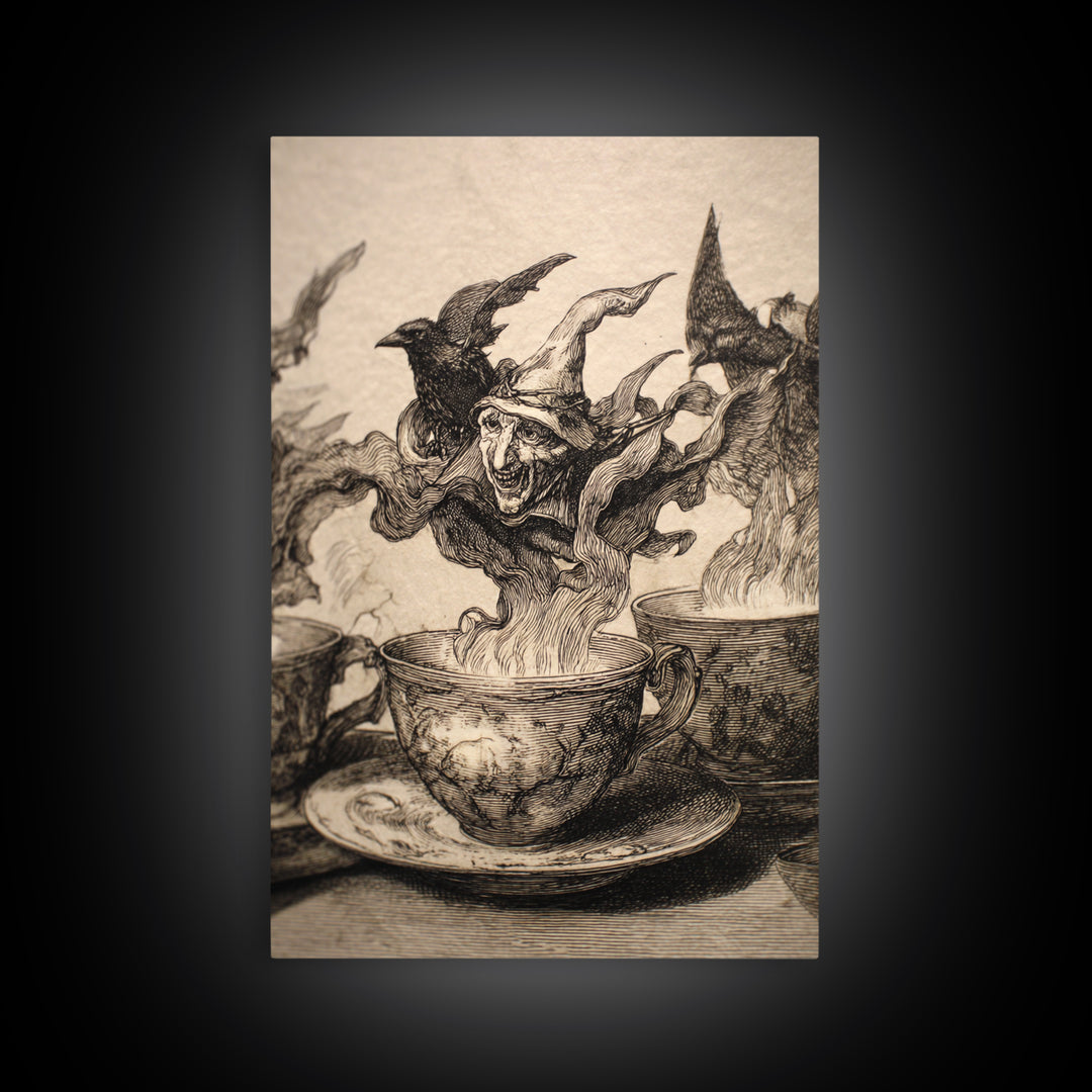 Tiny Ghosts In Teacups, Renaissance Engraving Art, Vertical Wall Art, Dark Fantasy Wall Art, Canvas Print, Halloween Wall Art