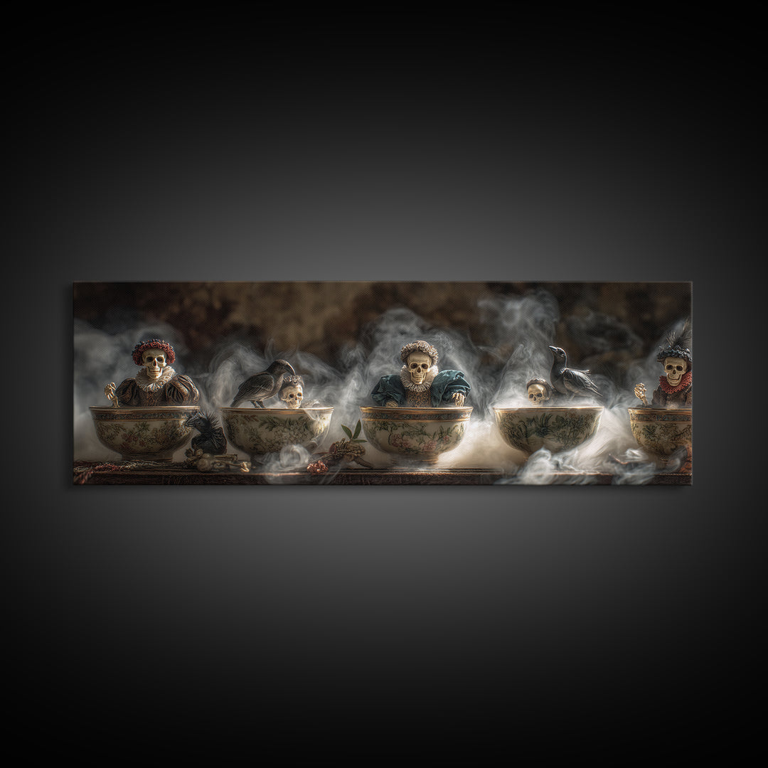 Tiny Ghosts In Teacups, Danse Macabre Art, Extra Wide Wall Art, Dark Fantasy Wall Art, Framed Canvas Print