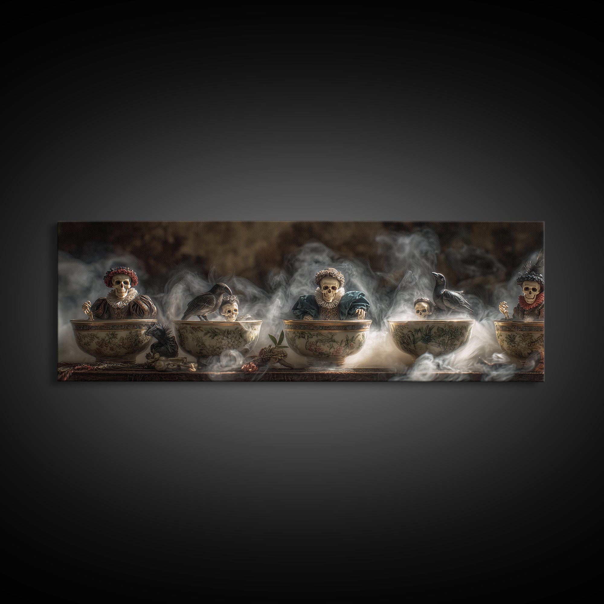 Tiny Ghosts In Teacups, Danse Macabre Art, Extra Wide Wall Art, Dark Fantasy Wall Art, Framed Canvas Print