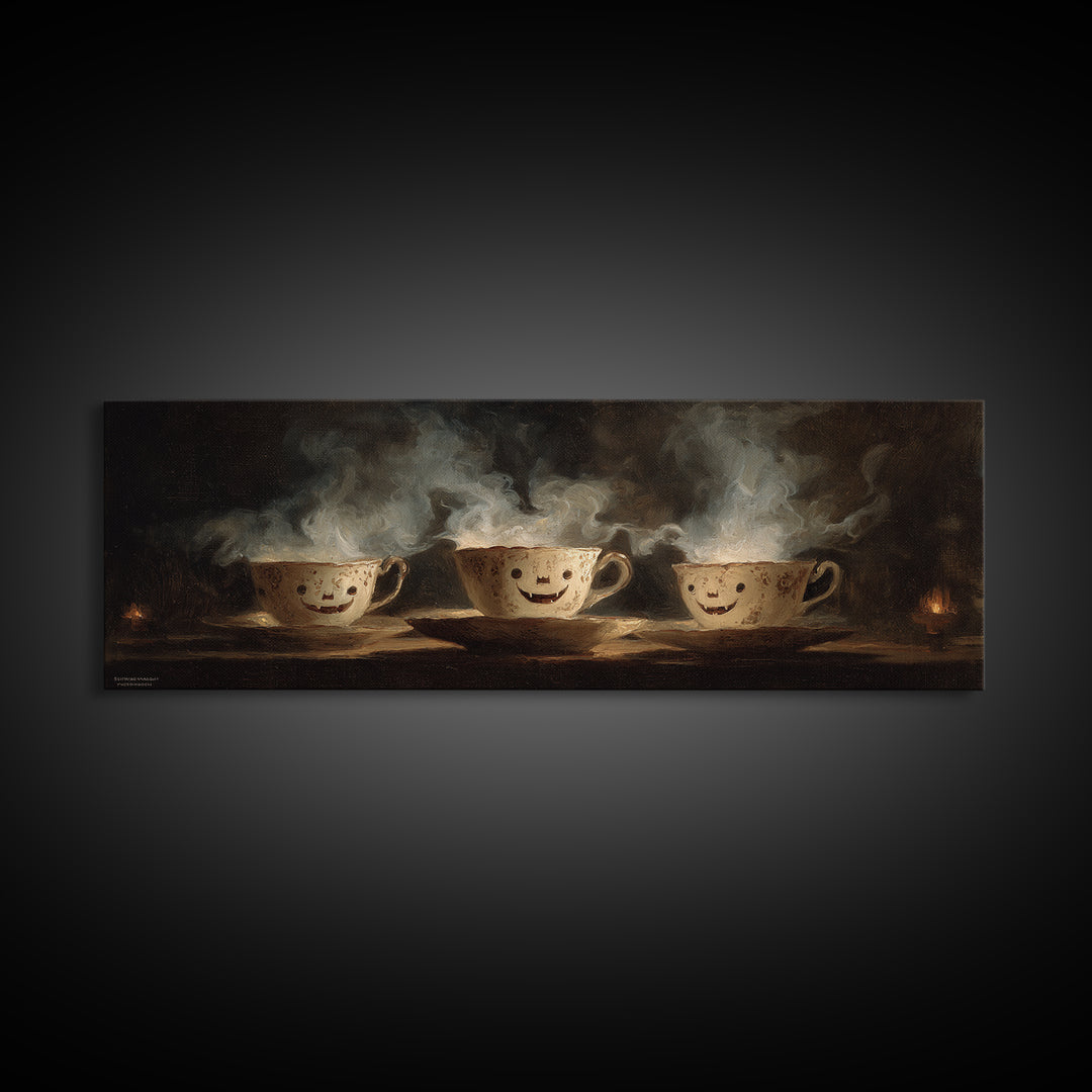Tiny Ghosts In Teacups, Dark Romantic Horror Art, Extra Wide Wall Art, Macabre Wall Art, Canvas Print, Halloween Wall Art