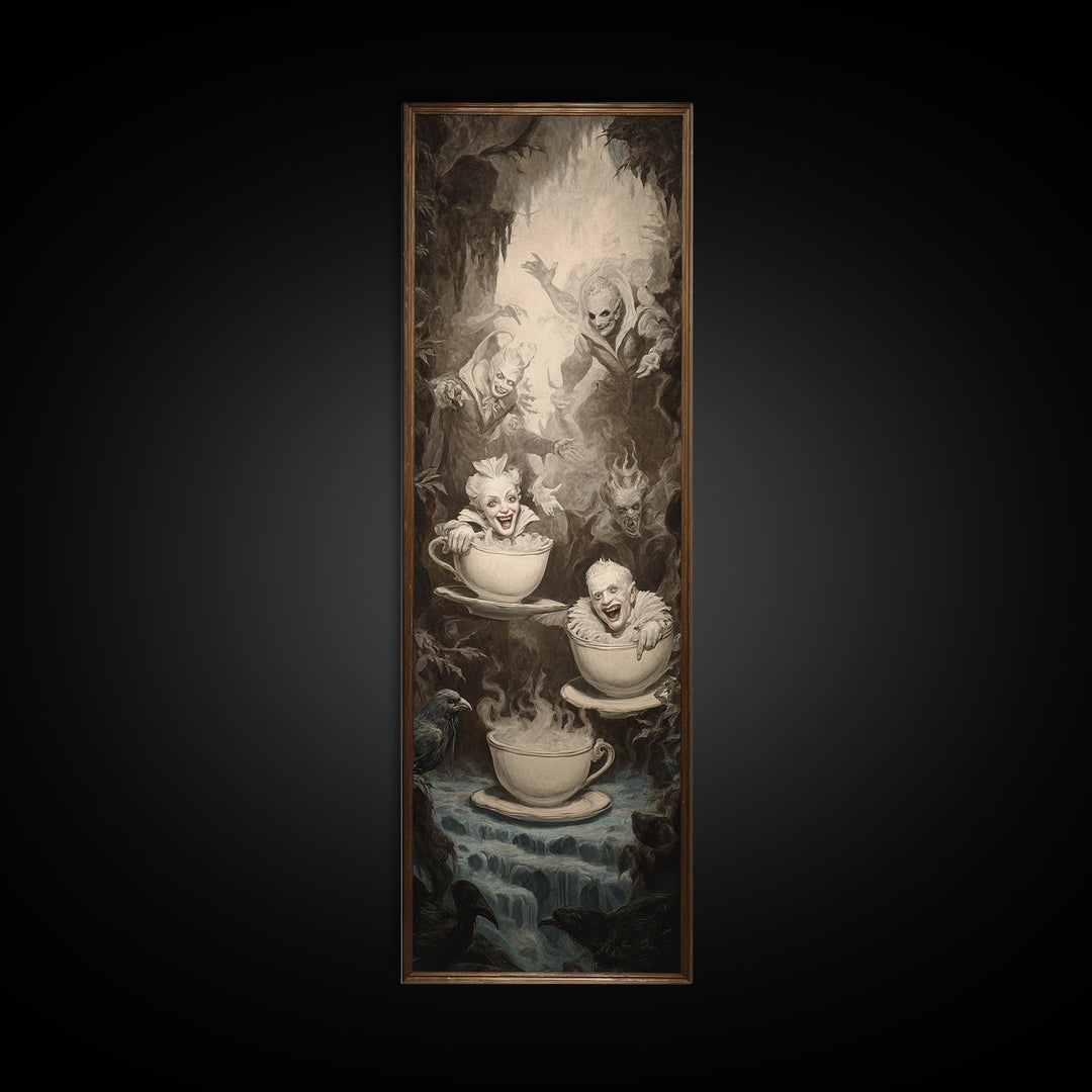 Tiny Ghosts In Teacups, Gothic Nightmare Art, Tall Narrow Wall Art, Macabre Wall Art, Framed Canvas Print, Halloween Wall Art