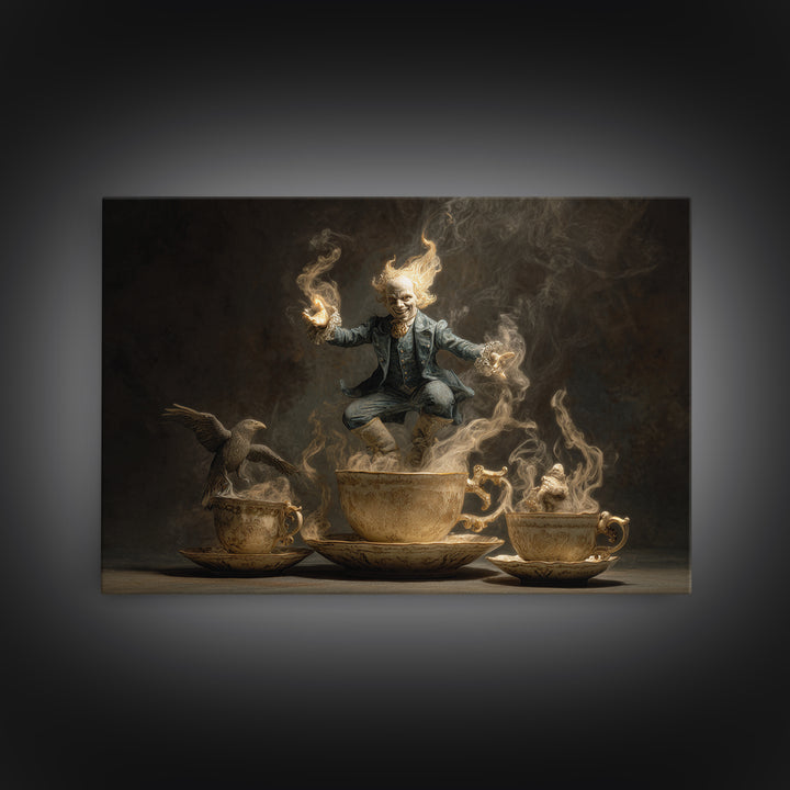 Tiny Ghosts In Teacups, Visionary Gothic Art, Landscape Wall Art, Dark Halloween Decor, Framed Canvas Print, Halloween Wall Art