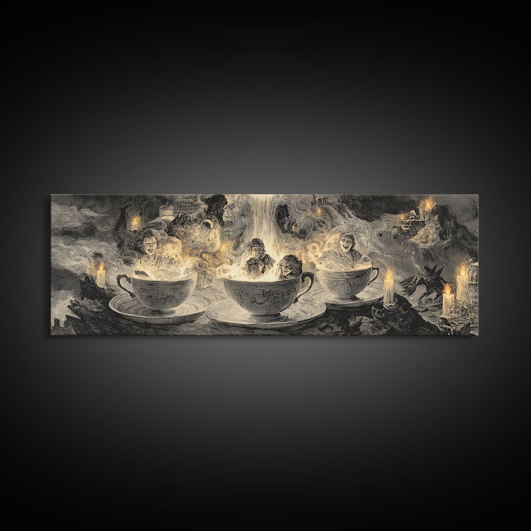Tiny Ghosts In Teacups, Apocalyptic Romantic Art, Extra Wide Wall Art, Macabre Wall Art, Canvas Print, Halloween Wall Art, Dark Fantasy Art