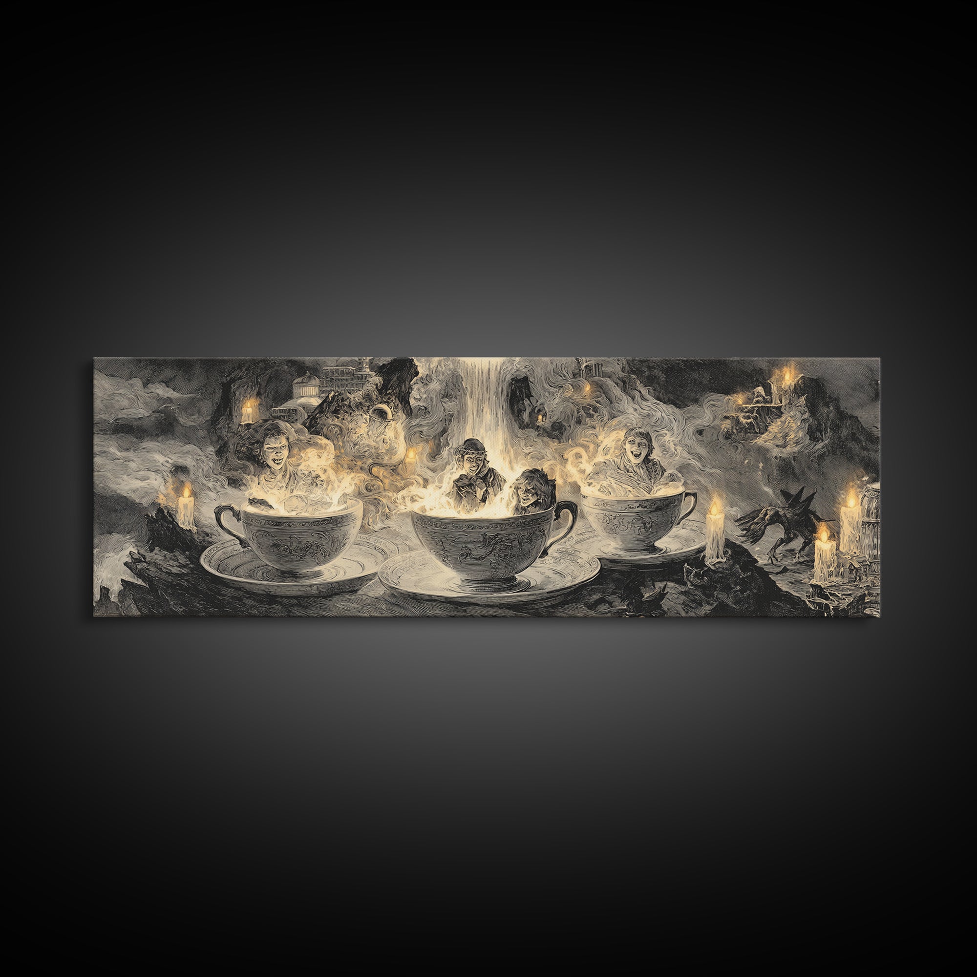 Tiny Ghosts In Teacups, Apocalyptic Romantic Art, Extra Wide Wall Art, Macabre Wall Art, Canvas Print, Halloween Wall Art, Dark Fantasy Art