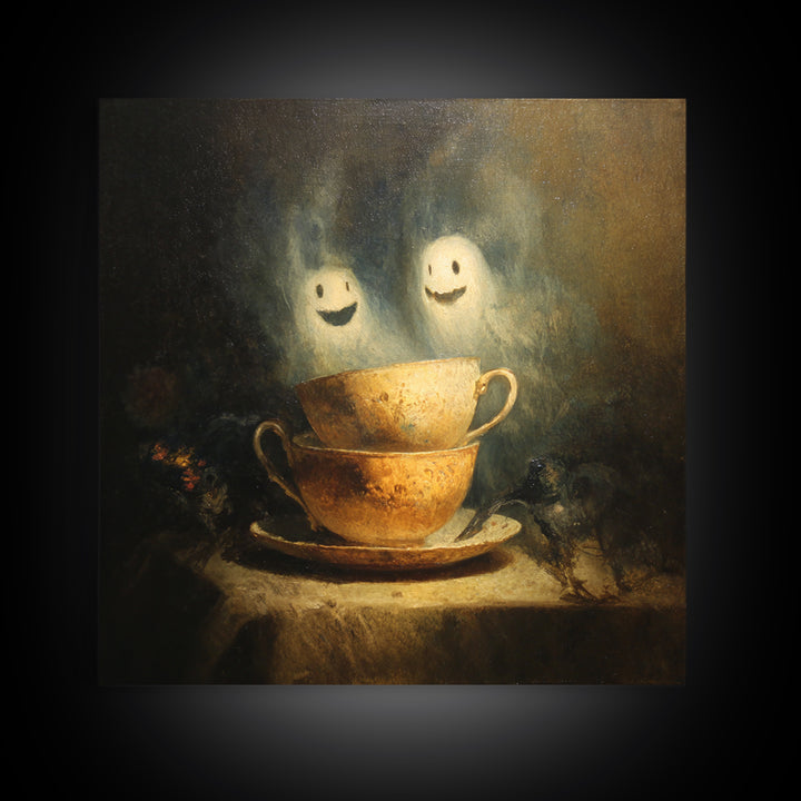 Tiny Ghosts In Teacups, Symbolist Dream Art, Square Wall Art, Dark Halloween Decor, Canvas Print, Halloween Wall Art