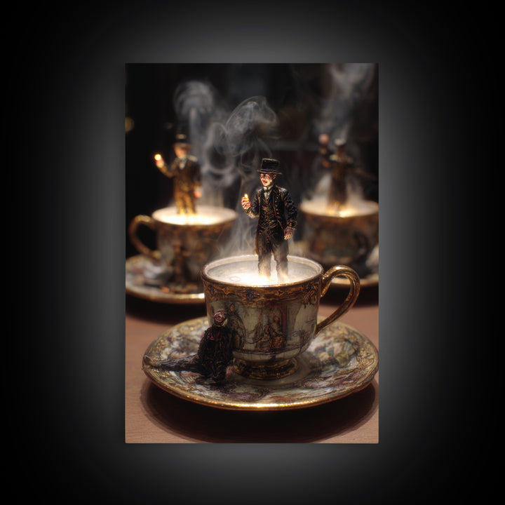 Tiny Ghosts In Teacups, Ornate Symbolist Art, Vertical Wall Art, Dark Fantasy Wall Art, Framed Canvas Print, Halloween Wall Art