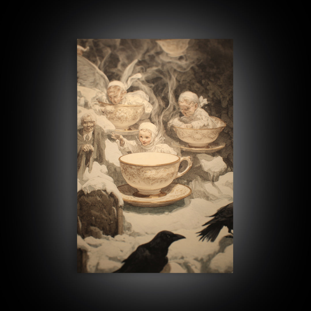 Tiny Ghosts In Teacups, Symbolist Death Art, Vertical Wall Art, Dark Fantasy Wall Art, Canvas Print, Halloween Wall Art