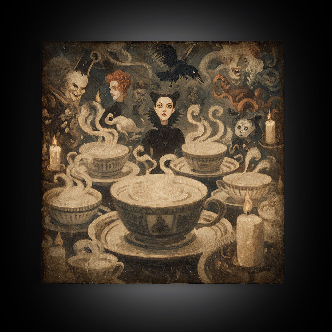 Tiny Ghosts In Teacups, Dark Symbolist Art, Square Wall Art, Gothic Horror Wall Art, Framed Canvas Print, Halloween Wall Art
