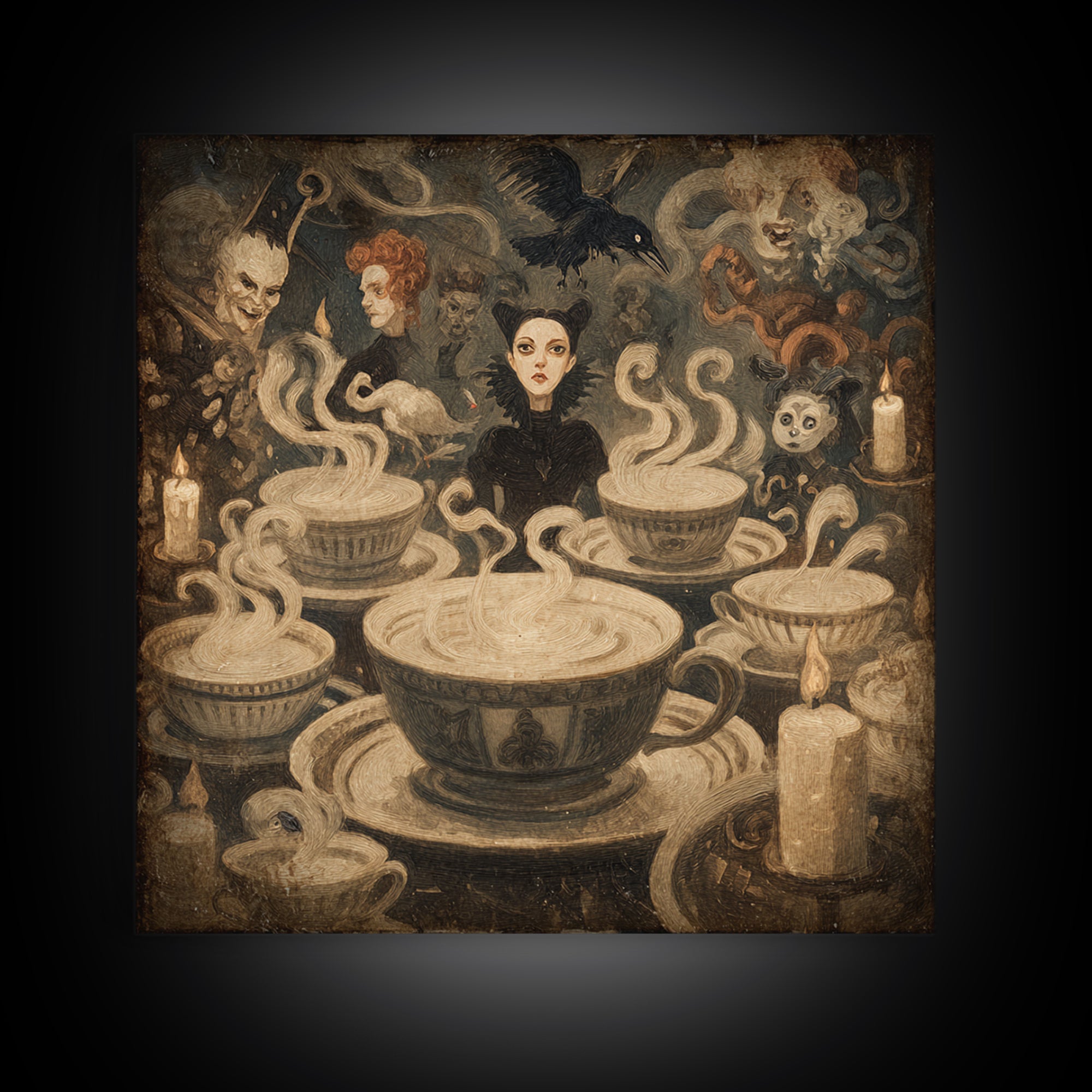 Tiny Ghosts In Teacups, Dark Symbolist Art, Square Wall Art, Gothic Horror Wall Art, Framed Canvas Print, Halloween Wall Art