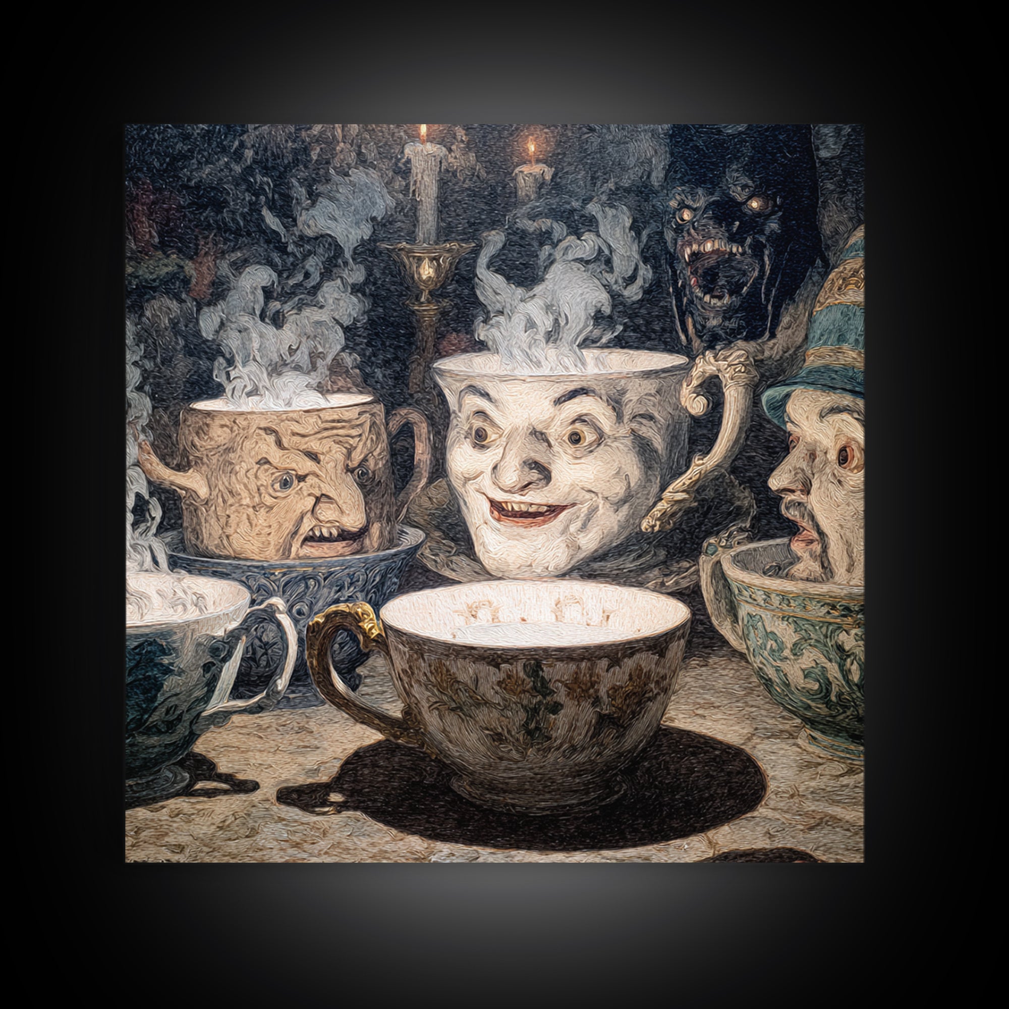 Tiny Ghosts In Teacups, Symbolist Etching Art, Square Wall Art, Dark Fantasy Wall Art, Framed Canvas Print, Halloween Wall Art