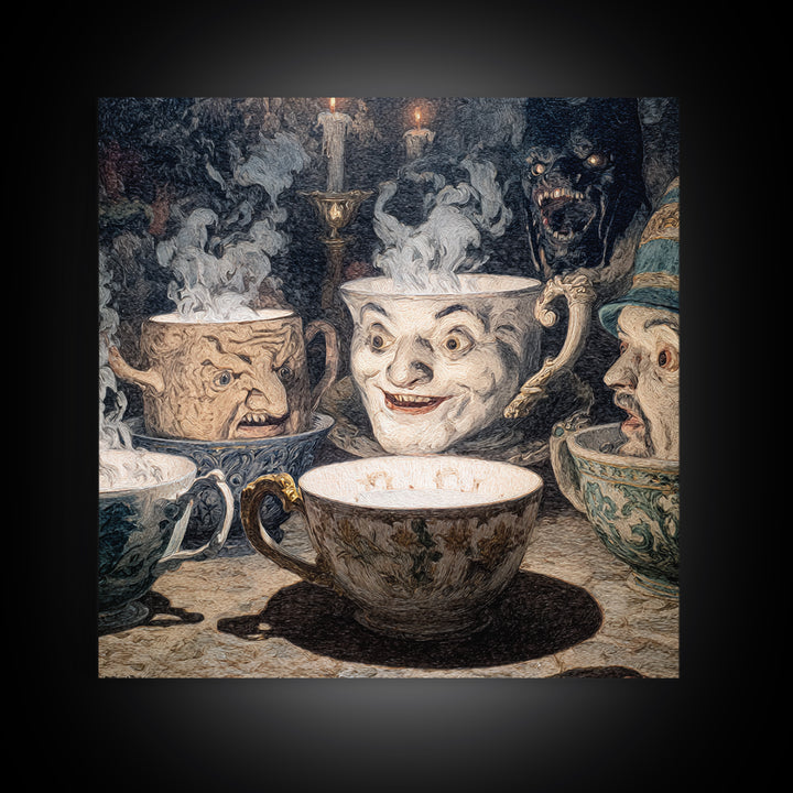 Tiny Ghosts In Teacups, Symbolist Etching Art, Square Wall Art, Dark Fantasy Wall Art, Framed Canvas Print, Halloween Wall Art