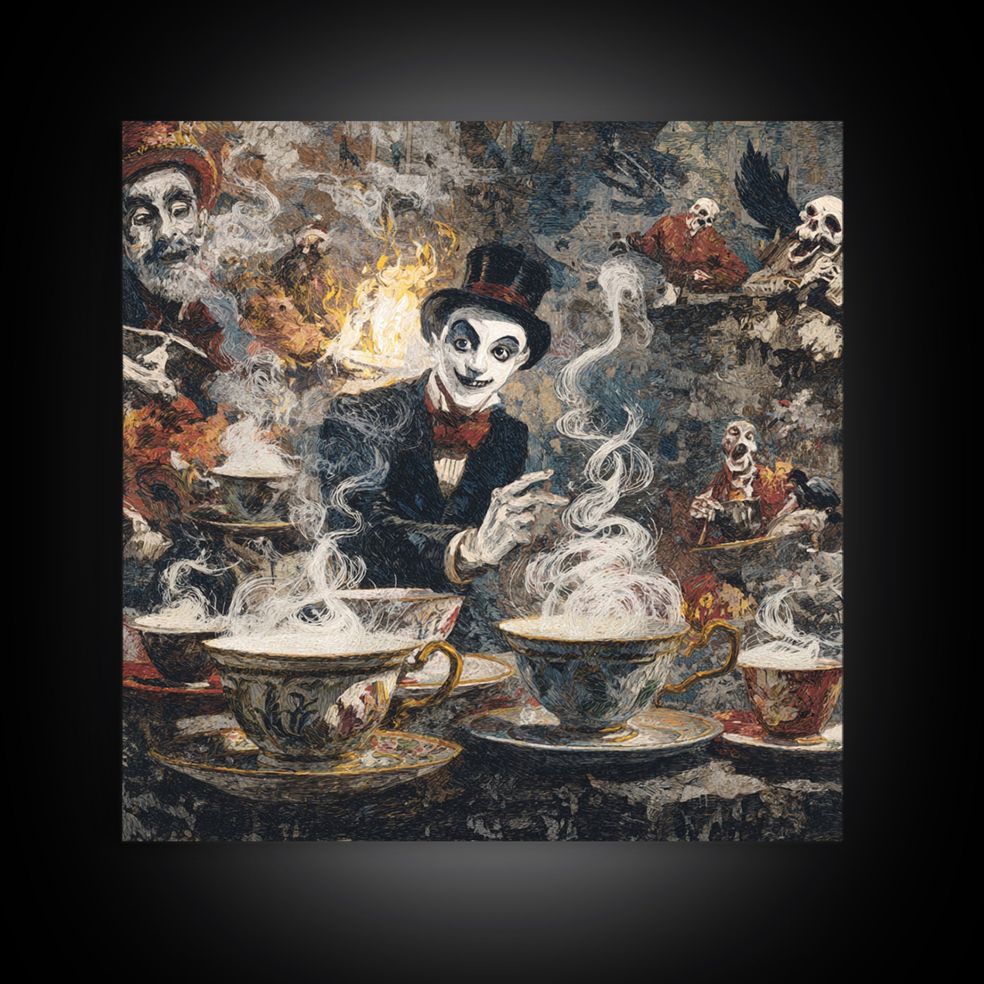 Tiny Ghosts In Teacups, Grotesque Carnival Art, Square Wall Art, Macabre Wall Art, Framed Canvas Print, Halloween Wall Art