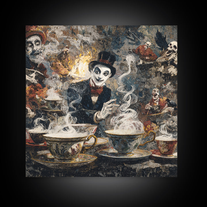 Tiny Ghosts In Teacups, Grotesque Carnival Art, Square Wall Art, Macabre Wall Art, Framed Canvas Print, Halloween Wall Art