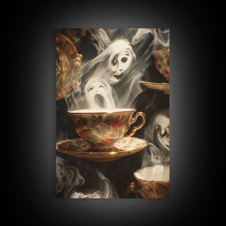 Tiny Ghosts In Teacups, Expressionist Gothic Art, Vertical Wall Art, Dark Fantasy Wall Art, Framed Canvas Print, Halloween Wall Art