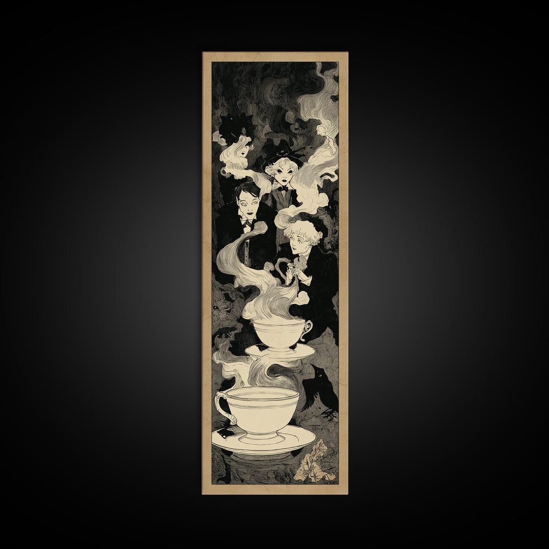 Tiny Ghosts In Teacups, Decadent Line Art, Tall Narrow Wall Art, Macabre Wall Art, Framed Canvas Print, Halloween Wall Art