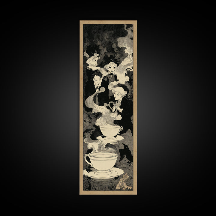 Tiny Ghosts In Teacups, Decadent Line Art, Tall Narrow Wall Art, Macabre Wall Art, Framed Canvas Print, Halloween Wall Art
