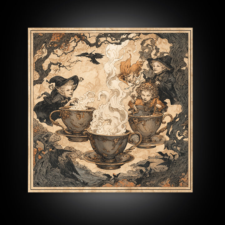 Tiny Ghosts In Teacups, Gothic Storybook Art, Square Wall Art, Macabre Wall Art, Framed Canvas Print, Halloween Wall Art