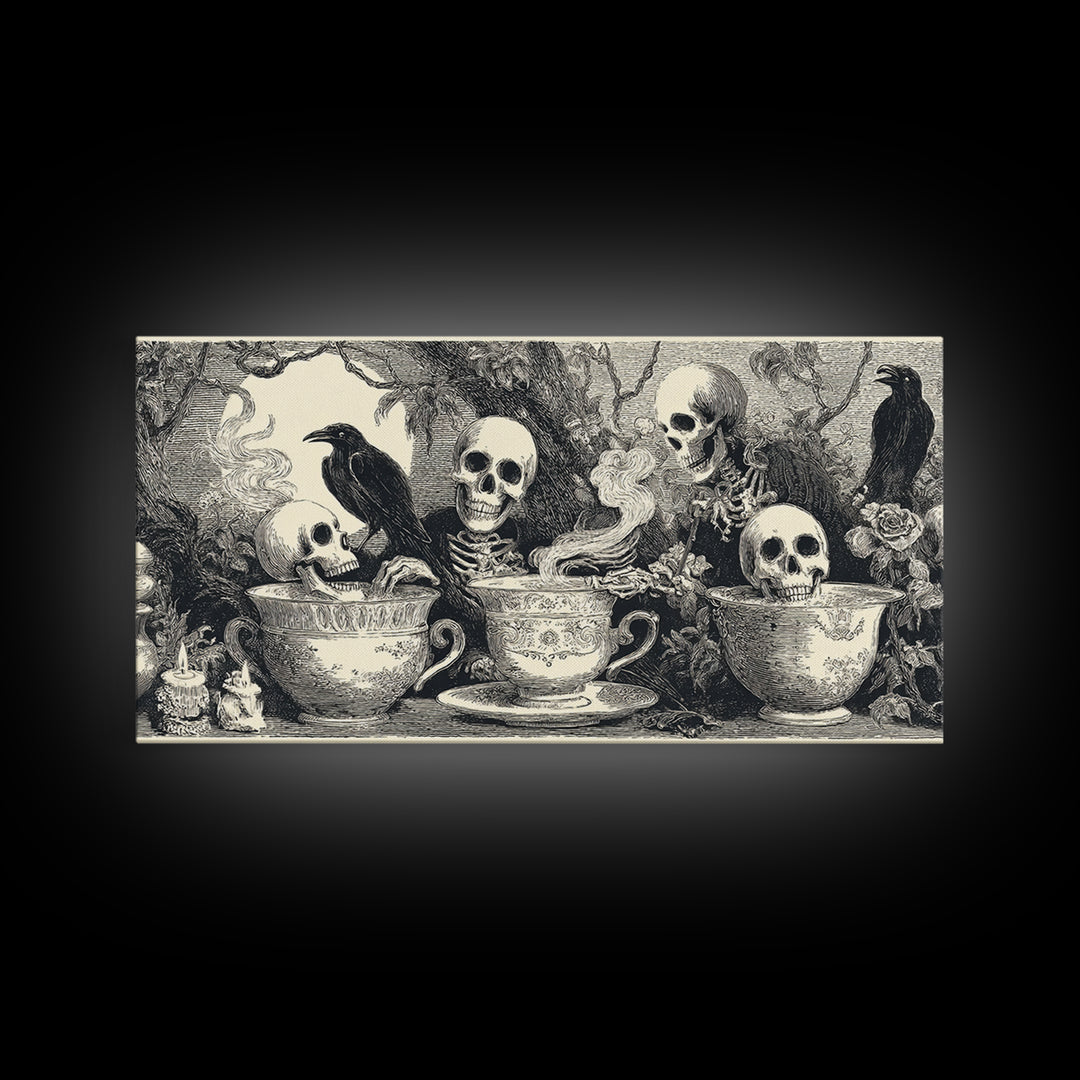 Tiny Ghosts In Teacups, Macabre Folk Print Art, Wide Panoramic Art, Macabre Wall Art, Canvas Print, Halloween Wall Art