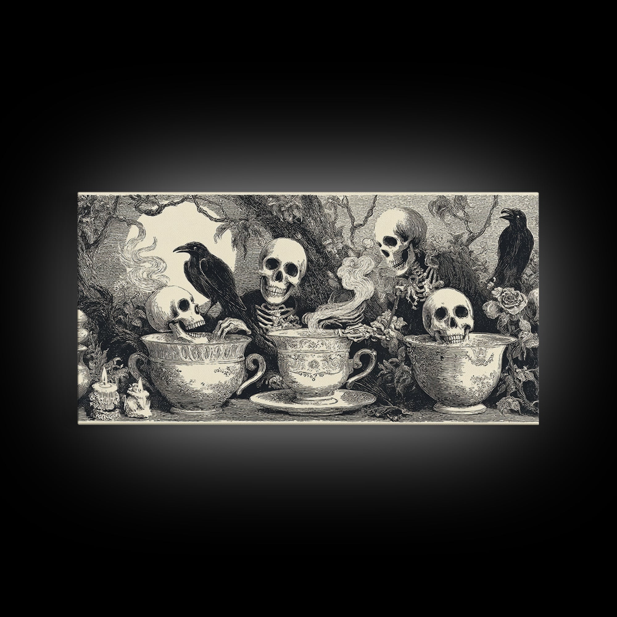 Tiny Ghosts In Teacups, Macabre Folk Print Art, Wide Panoramic Art, Macabre Wall Art, Canvas Print, Halloween Wall Art