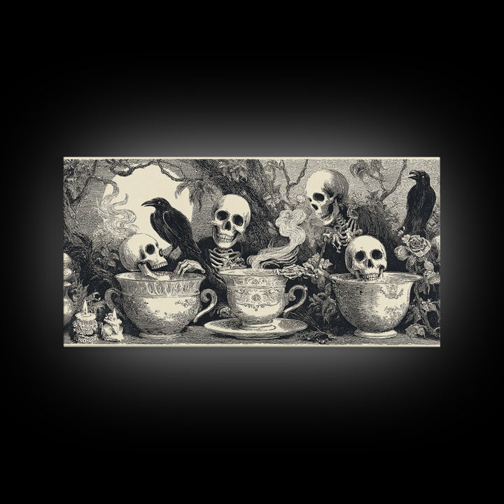 Tiny Ghosts In Teacups, Macabre Folk Print Art, Wide Panoramic Art, Macabre Wall Art, Canvas Print, Halloween Wall Art