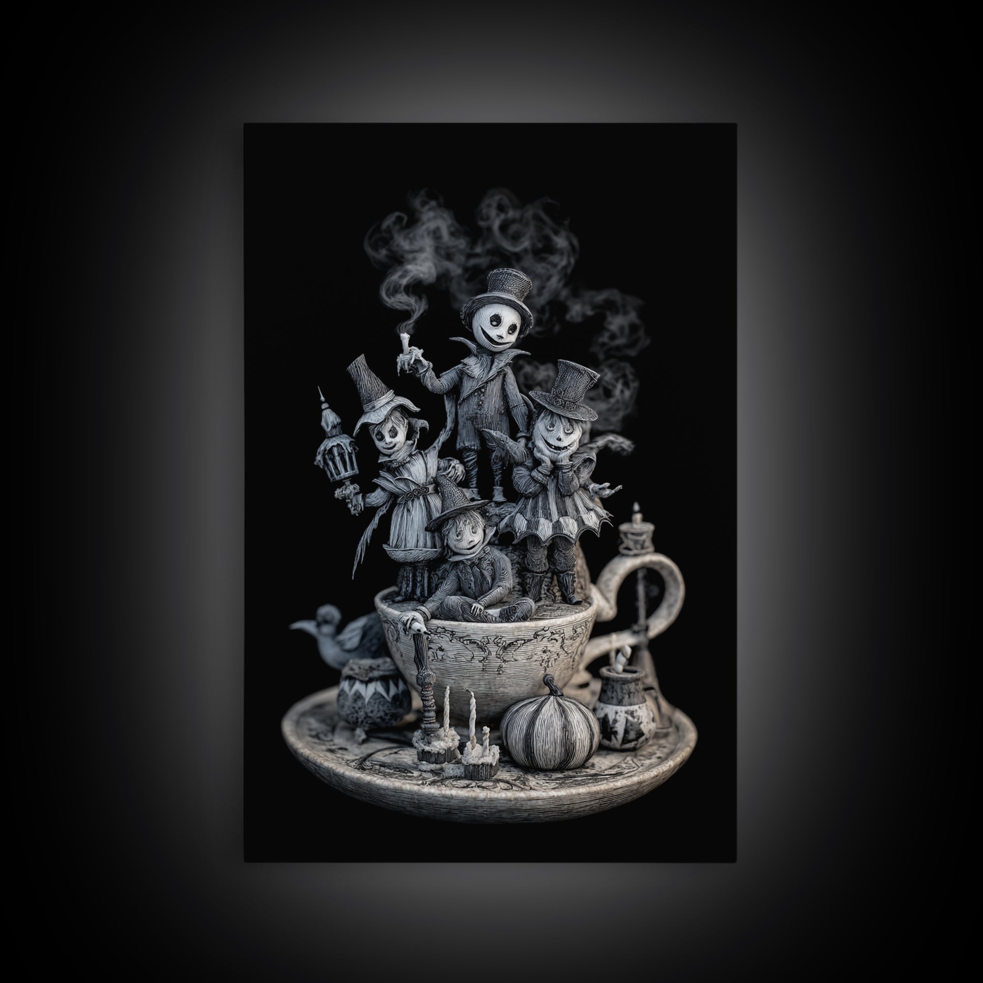 Tiny Ghosts In Teacups, Victorian Macabre Art, Vertical Wall Art, Macabre Wall Art, Canvas Print, Halloween Wall Art, Gothic Home Decor